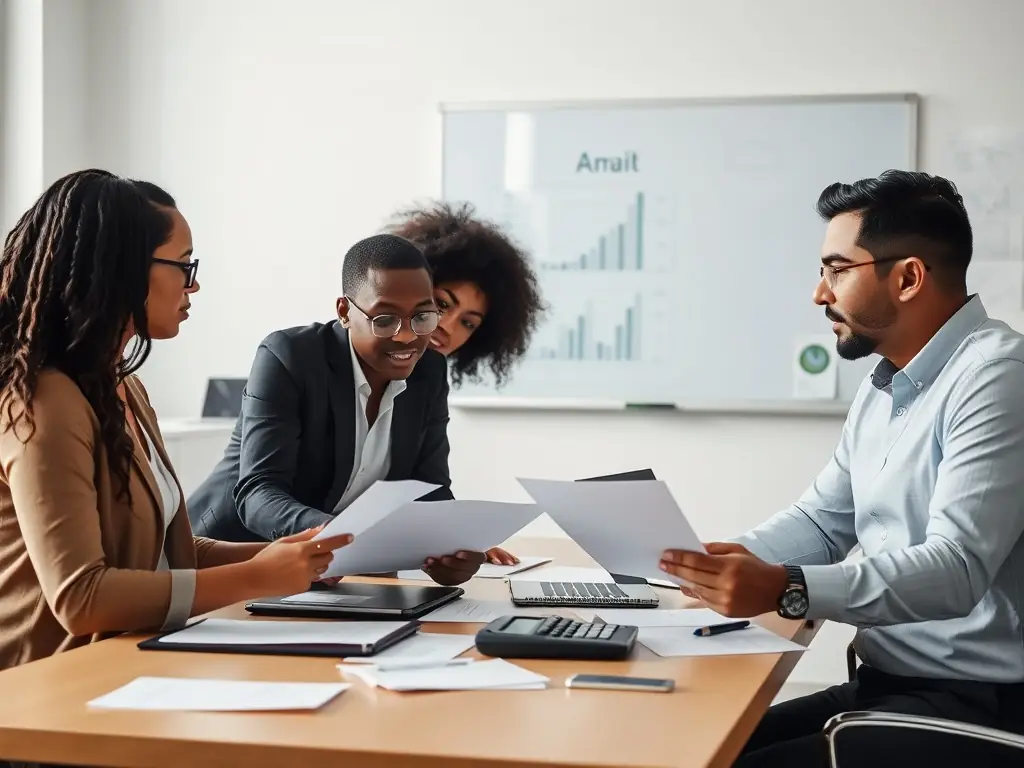 A team of accountants collaborating on management accounts, using charts and graphs to analyze financial data.