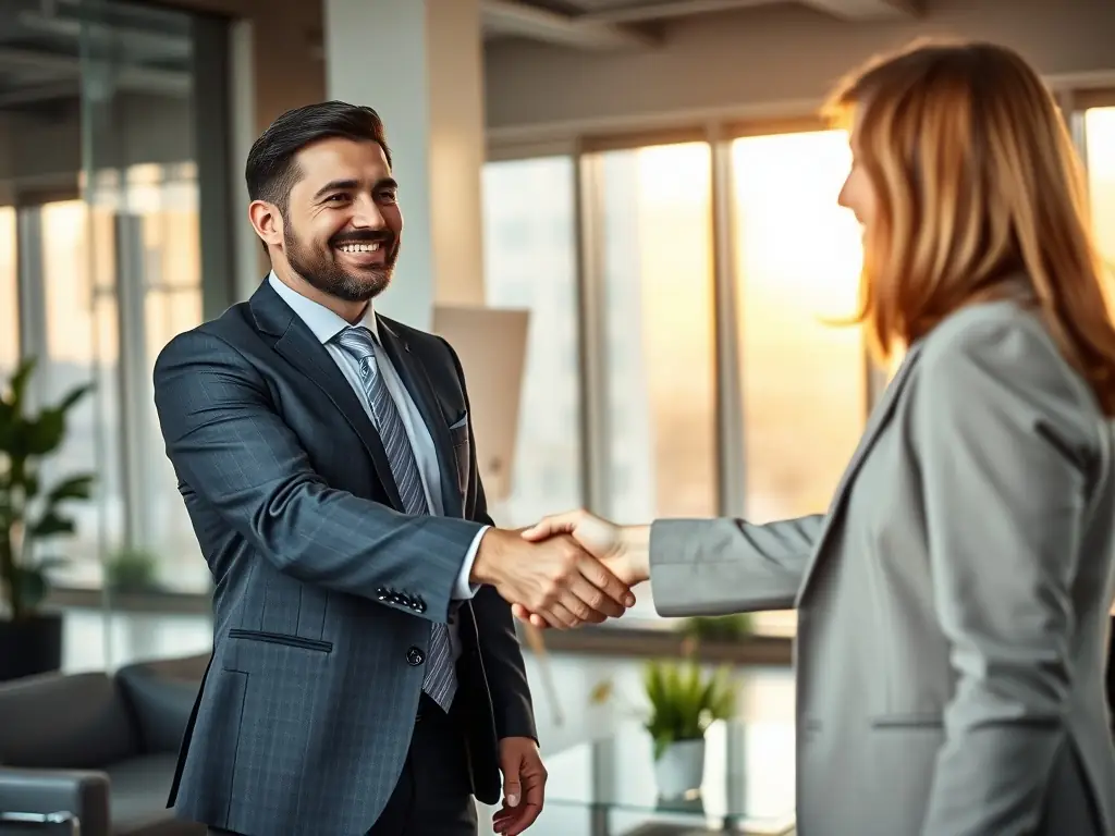 A professional in a suit shaking hands with a client over a table with company formation documents, symbolizing a successful business setup.