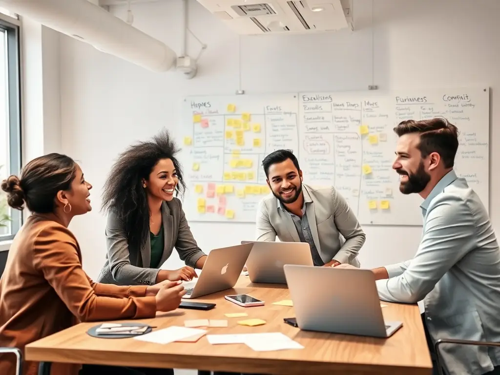 A group of diverse professionals collaborating on a cooperative business plan in a bright, modern office space.