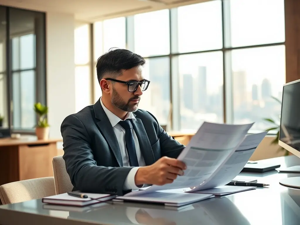 A professional accountant reviewing company formation documents at a modern office desk, ensuring accuracy and compliance.