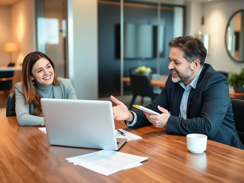A business consultant assisting a client with company formation paperwork, showcasing a supportive and professional environment.
