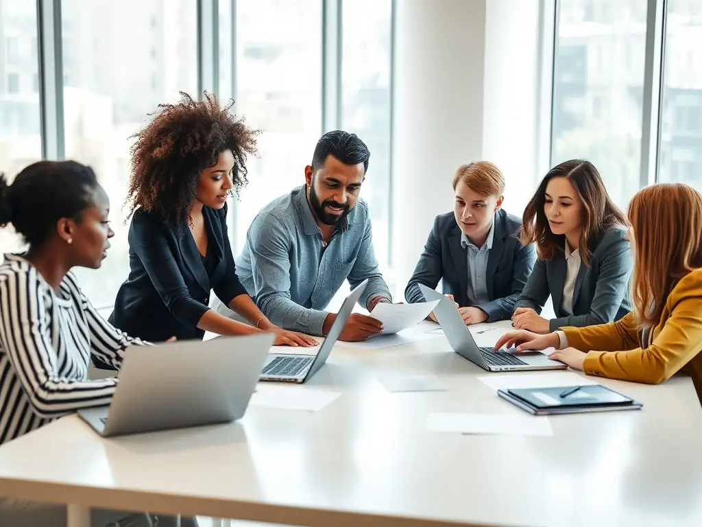 A diverse group of people collaborating in a modern office, representing the cooperative spirit and shared goals of a cooperative business.