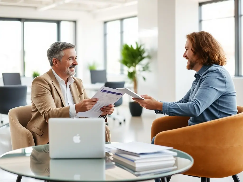 An accountant reviewing financial statements with a client in a modern office setting, emphasizing collaboration and expertise.