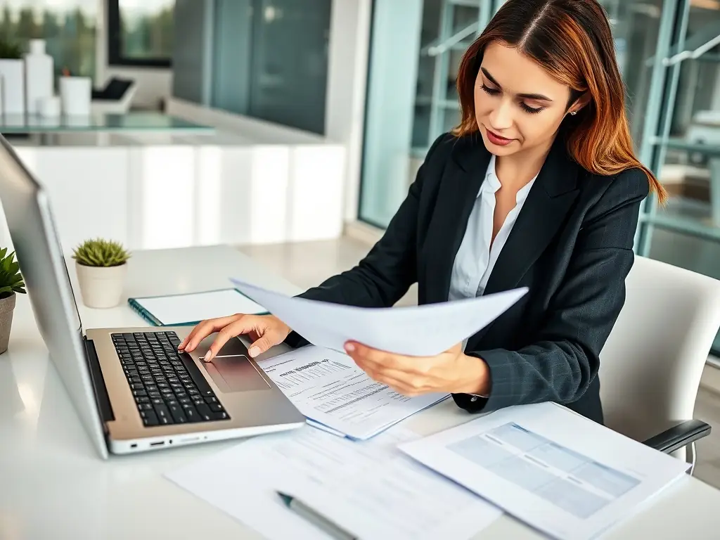 A professional accountant reviewing financial statements in a modern office setting, emphasizing accuracy and attention to detail.