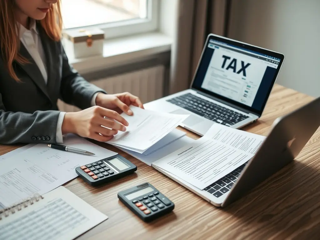 A tax professional preparing documents for filing, highlighting accuracy and attention to detail.